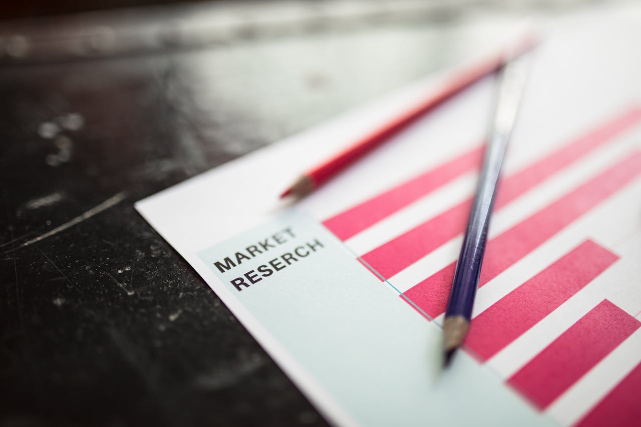 Close-up of market research paper with red graph bars and pencils, emphasizing business analysis.
